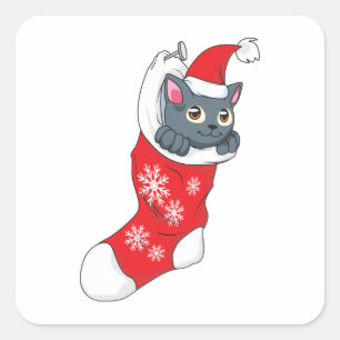 Merry Christmas Grey Kitten Cat Red Stocking Grey Square Sticker