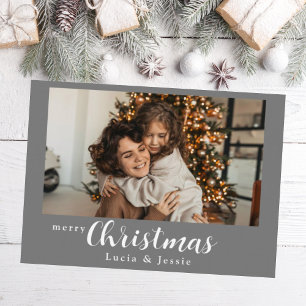 Merry Christmas grey personalized photo card