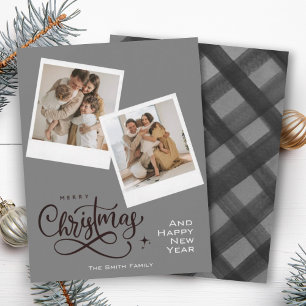 Merry Christmas Grey Plaid Holiday Photo Card