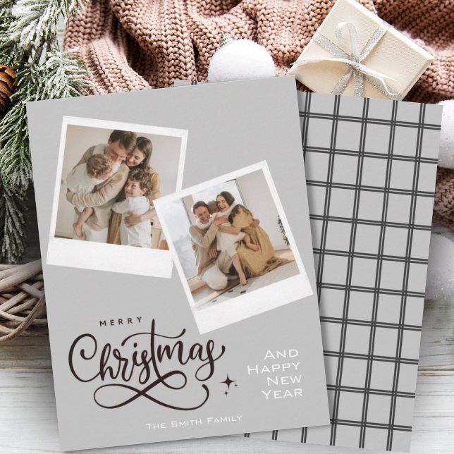 Merry Christmas Grey Plaid Holiday Photo Card (Creator Uploaded)