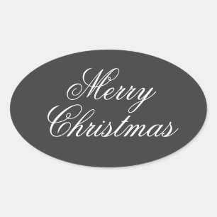 Merry Christmas Grey White Script Oval Sticker