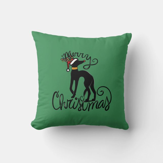 Merry Christmas Greyhound Reindeer  Throw Pillow (Front)