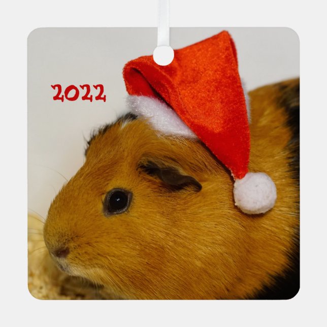 Merry Christmas Guinea Pig in a Santa Hat Metal Ornament (Front)