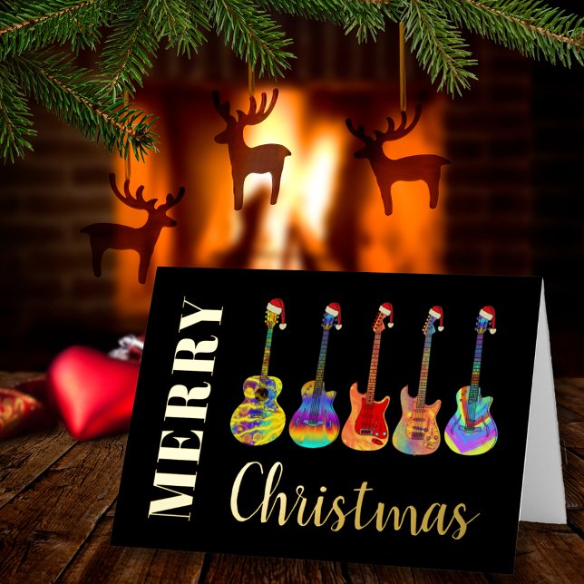 Merry Christmas Guitars Black and Gold Foil Holiday Card (Merry Christmas guitars wearing Santa hats black & gold foil music themed personalized holiday card)