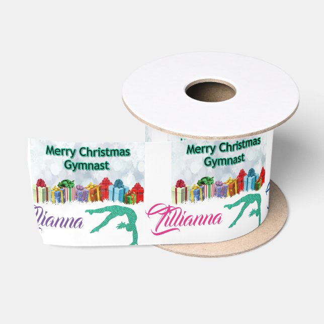 Merry Christmas Gymnast Christmas Bow w/ Name Satin Ribbon (Spool)