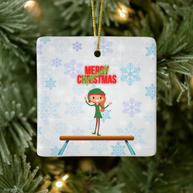 Merry Christmas Gymnast Elf Ceramic Ornament (Tree)