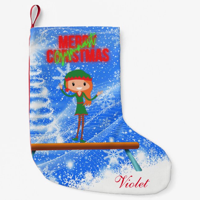 Merry Christmas Gymnast Elf Small Christmas Stocking (Front)