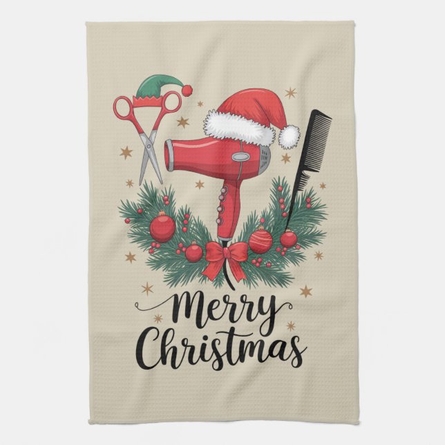 Merry Christmas Hairstylist Hairdresser Xmas Hair  Kitchen Towel (Vertical)