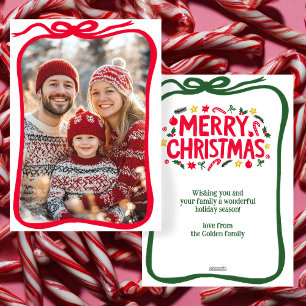 Merry Christmas Hand-Drawn Bow CUSTOM PHOTO Holiday Card