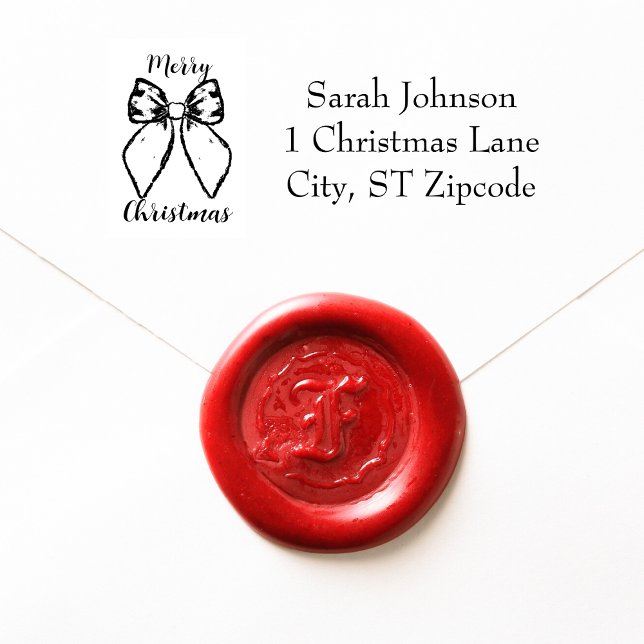Merry Christmas hand drawn bow return address Rubber Stamp (Merry Christmas Bow Return Address label)