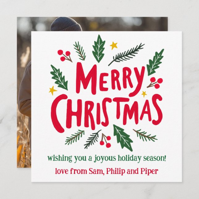 MERRY CHRISTMAS Hand-Drawn CUSTOM PHOTO  Holiday Card (Front/Back)