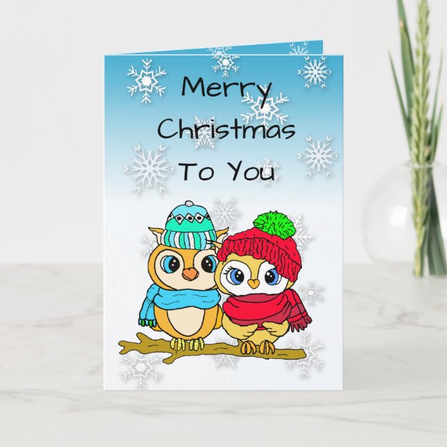 Merry Christmas Hand Drawn Festive Owls Card (Front)