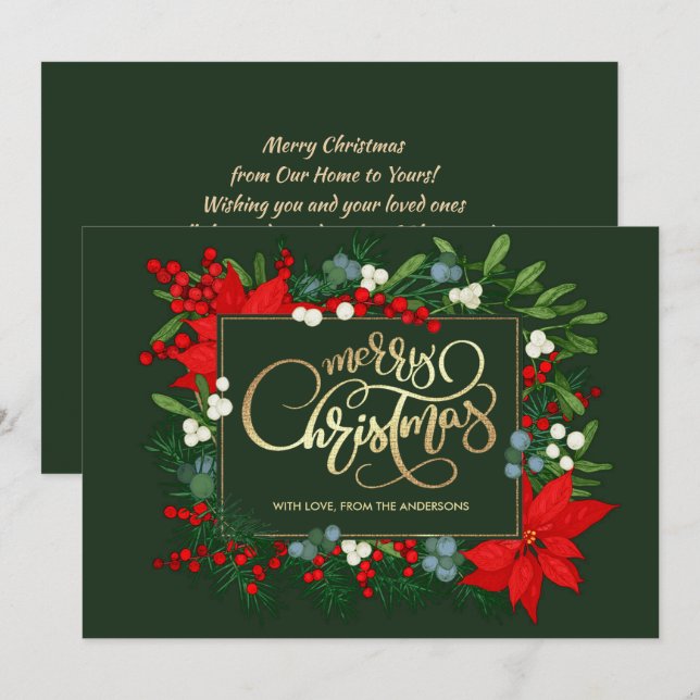 Merry Christmas. Hand drawn Mistletoe, Poinsettia Holiday Card (Front/Back)