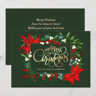 Merry Christmas. Hand drawn Mistletoe, Poinsettia Holiday Card