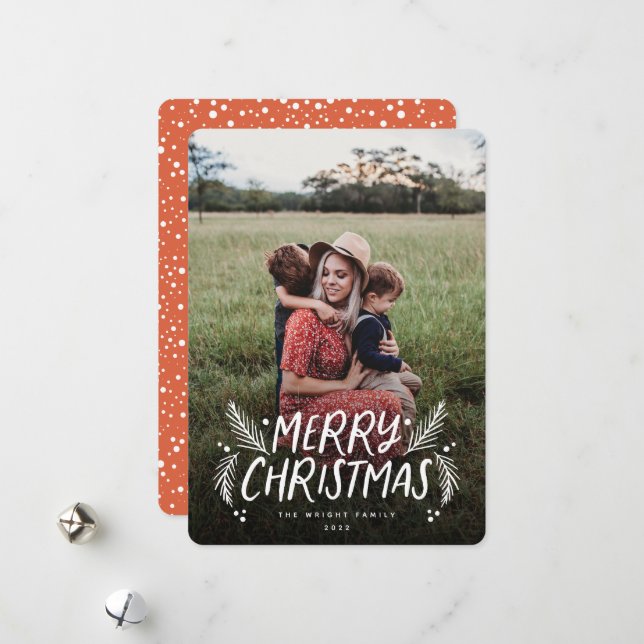 Merry Christmas Hand drawn Pine Berries Photo Holiday Card (Front/Back In Situ)