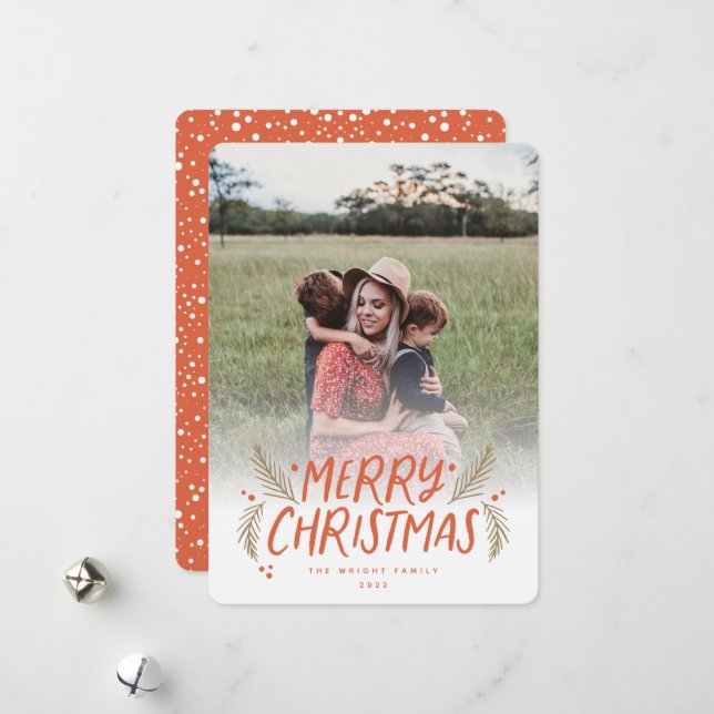 Merry Christmas Hand drawn Pine Berries Red Photo  Holiday Card (Front/Back In Situ)