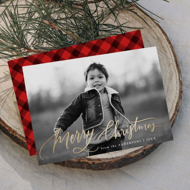 Merry Christmas Hand-Lettered Gold Script Photo Holiday Card (Creator Uploaded)
