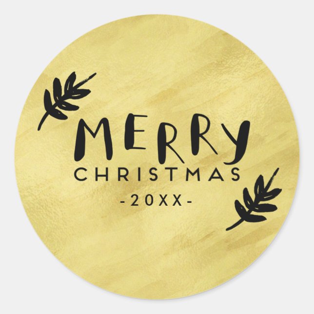 Merry Christmas Hand Lettered | Paint Brushed Gold Classic Round Sticker (Front)