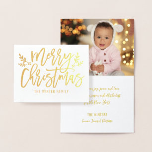 Merry Christmas Hand Lettered Photo Gold Foil Card