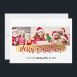Merry Christmas Hand Lettered Script 3 Photo Card<br><div class="desc">Merry Christmas Hand Lettered Script Three Photos Card. The 3 photos and text of this hand lettered brush script can be updated and customized with your photo and family name. This card also displays the family name and a gold foil wreath on the back of the Christmas Card.</div>