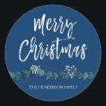 Merry Christmas Hand Lettered Script Christmas Classic Round Sticker<br><div class="desc">Merry Christmas custom Hand Lettered Navy Blue Script Sticker with watercolor garland. The family name text of this sticker can be updated and customized with your family name.</div>