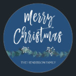 Merry Christmas Hand Lettered Script Christmas Classic Round Sticker<br><div class="desc">Merry Christmas custom Hand Lettered Navy Blue Script Sticker with watercolor garland. The family name text of this sticker can be updated and customized with your family name.</div>