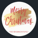 Merry Christmas Hand Lettered Script Christmas Classic Round Sticker<br><div class="desc">Merry Christmas custom Hand Lettered Script Sticker with a faux glitter brush of gold. The  text of this hand lettered brush script can be updated and customized with your family name.</div>