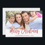 Merry Christmas Hand Lettered Script Photo Card<br><div class="desc">Merry Christmas Hand Lettered Script Photo Card. The photo and text of this hand lettered brush script can be updated and customized with your photo and family name. This card also displays the family name and a gold foil wreath on the back of the Christmas Card.</div>