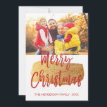 Merry Christmas Hand Lettered Script Photo Card<br><div class="desc">Merry Christmas Hand Lettered Script Photo Card. The photo and text of this hand lettered brush script can be updated and customized with your photo and family name. This card also displays the family name and a gold foil wreath on the back of the Christmas Card.</div>