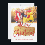 Merry Christmas Hand Lettered Script Photo Card<br><div class="desc">Merry Christmas Hand Lettered Script Photo Card. The photo and text of this hand lettered brush script can be updated and customized with your photo and family name. This card also displays the family name and a gold foil wreath on the back of the Christmas Card.</div>