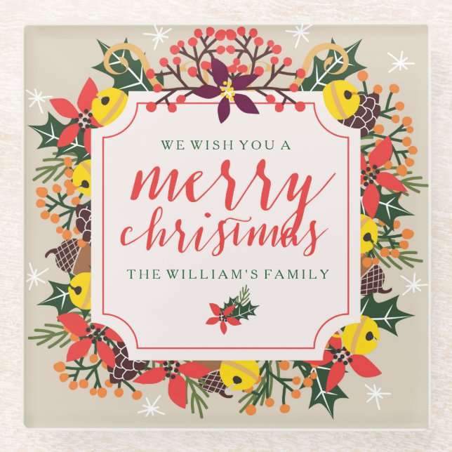 Merry Christmas Hand Lettered Text & Wreath Glass Coaster (Front)