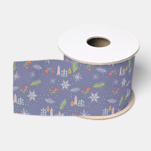 Merry Christmas Handdrawn Trees Snowflakes Flowers Grosgrain Ribbon