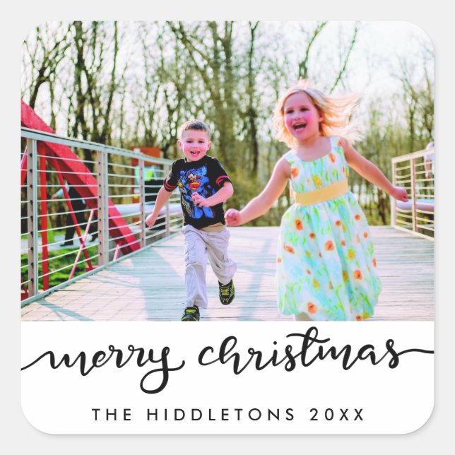 Merry Christmas Handwritten Modern Script Photo Square Sticker (Front)