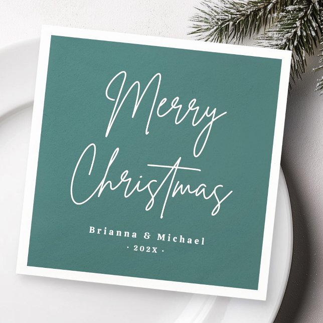 Merry Christmas handwritten script name pine green Napkin (Merry Christmas handwritten script name pine green Napkins)