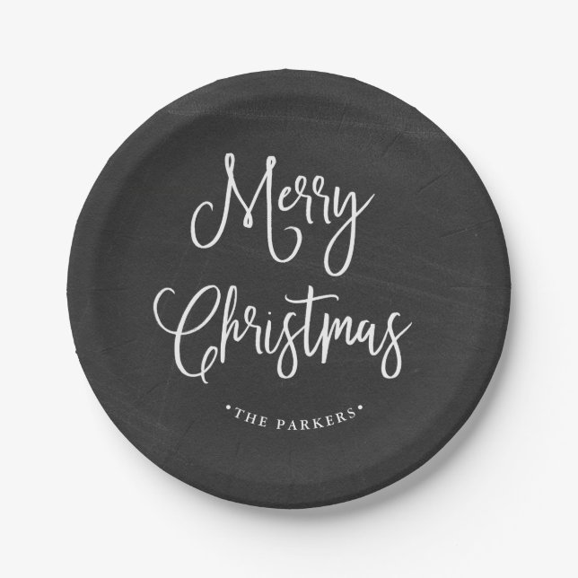 Merry Christmas | Handwritten Script on Chalkboard Paper Plate (Front)