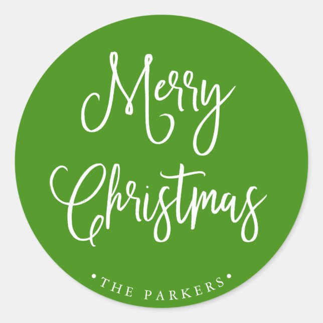 Merry Christmas | Handwritten Script on Green Classic Round Sticker (Front)