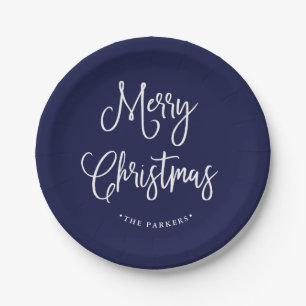 Merry Christmas Handwritten Script on Navy Blue Paper Plate