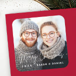 Merry Christmas handwritten script photo Square Sticker<br><div class="desc">Merry Christmas stickers with the text "Merry Christmas" in a handwritten style script font over your photo with the year and names or other custom text below.</div>