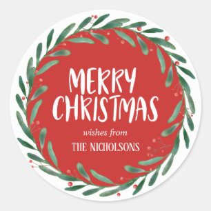Merry Christmas Handwritten Script   Wreath   Red Classic Round Sticker