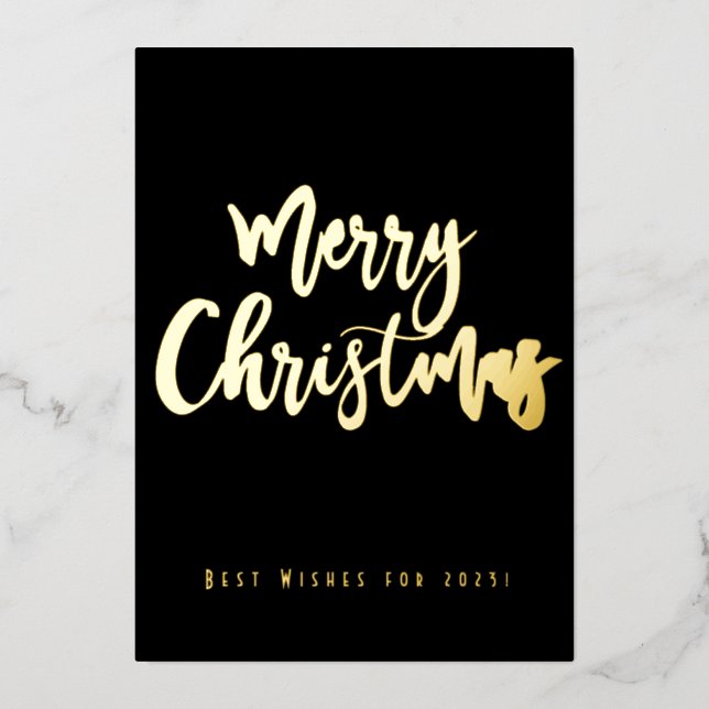 Merry Christmas Happy 2023 Elegant Black and Gold Foil Holiday Card (Front)