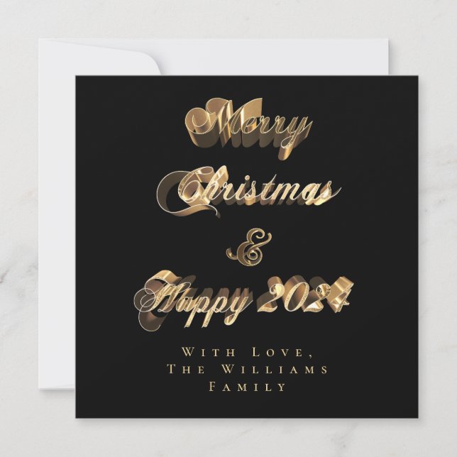 Merry Christmas Happy 2024 Black and Gold Script Holiday Card (Front)