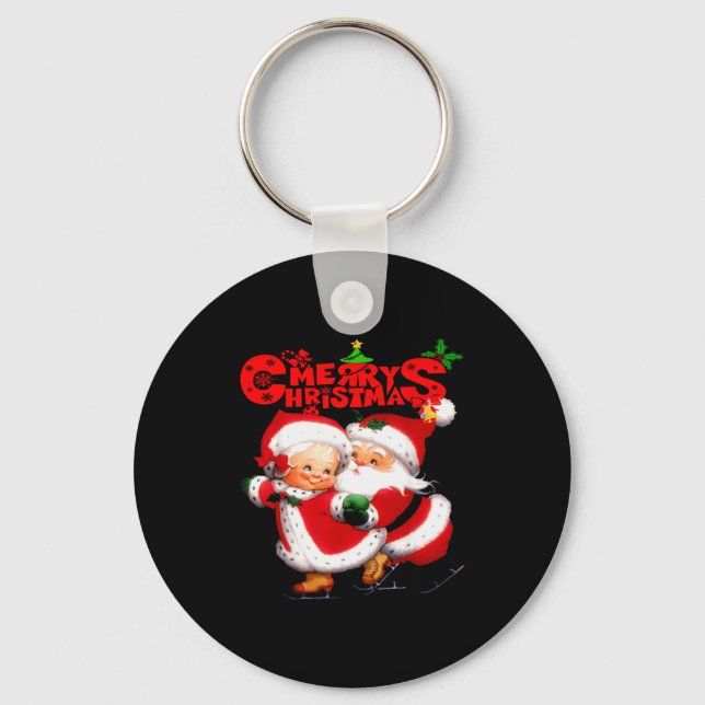 Merry Christmas - Happy Cute Mrs Claus And Mr Clau Keychain (Front)