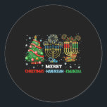 Merry Christmas Happy Hanukkah And Happy Kwanzaa 1 Classic Round Sticker<br><div class="desc">Merry Christmas Happy Hanukkah And Happy Kwanzaa 1</div>