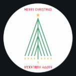 Merry Christmas, Happy Hanukkah Classic Round Sticker<br><div class="desc">Merry Christmas,  Happy Hanukkah,  inter religious holiday card with Christmas tree and Menorah,  menora,  interfaith peace,  seasonal sticker</div>