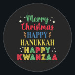 Merry Christmas Happy Hanukkah Happy Kwanzaa 9  Classic Round Sticker<br><div class="desc">Merry Christmas Happy Hanukkah Happy Kwanzaa 9</div>