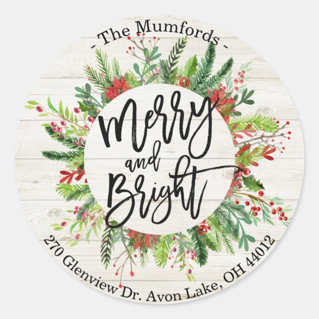Merry Christmas Happy Holiday Holly Wreath Address Classic Round Sticker (Front)