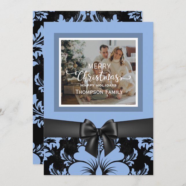 Merry Christmas happy holidays, black bow, blue Invitation (Front/Back)