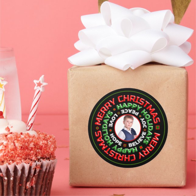 Merry Christmas Happy Holidays Photo Personalize  Classic Round Sticker (Party)