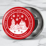 Merry Christmas Happy Holidays Winter Personalized 1 Inch Round Button<br><div class="desc">Merry Christmas Happy Holidays Winter Personalized Name Buttons features the text "Merry Christmas and Happy Holidays" in modern white script on a red background and personalized with your name surrounding a home with Christmas trees and snowflakes. Perfect for Christmas party favours and Holiday gifts. Designed by ©Evco Studio www.zazzle.com/store/evcostudio</div>