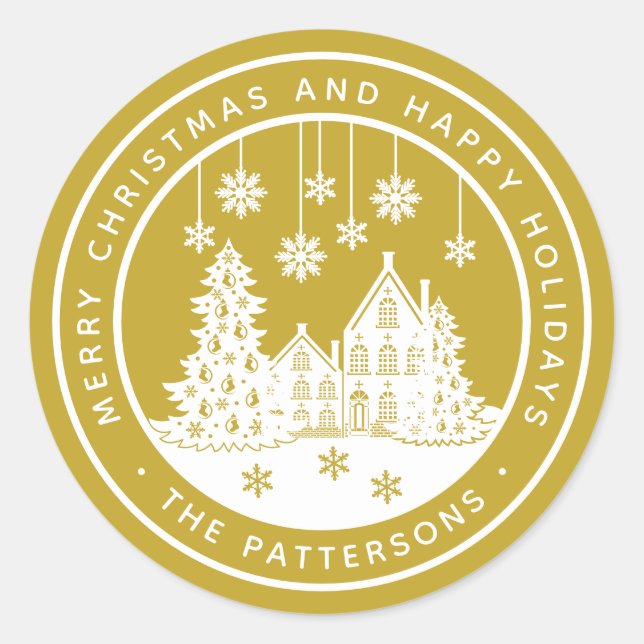 Merry Christmas Happy Holidays Winter Personalized Classic Round Sticker (Front)